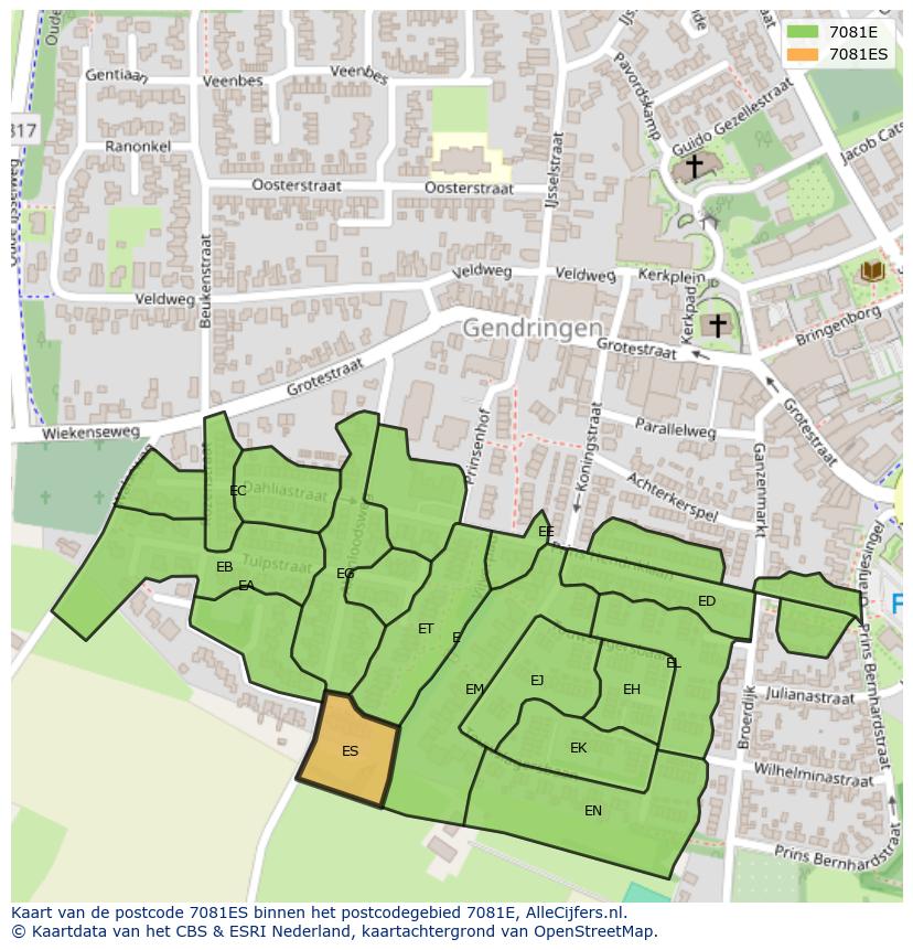 Afbeelding van het postcodegebied 7081 ES op de kaart.