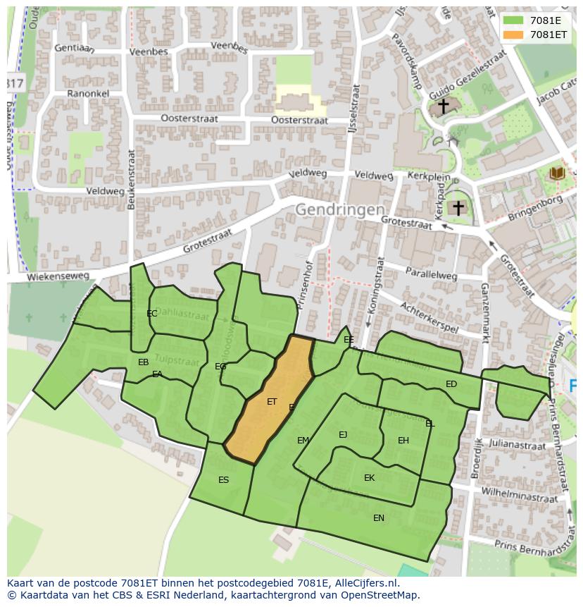 Afbeelding van het postcodegebied 7081 ET op de kaart.