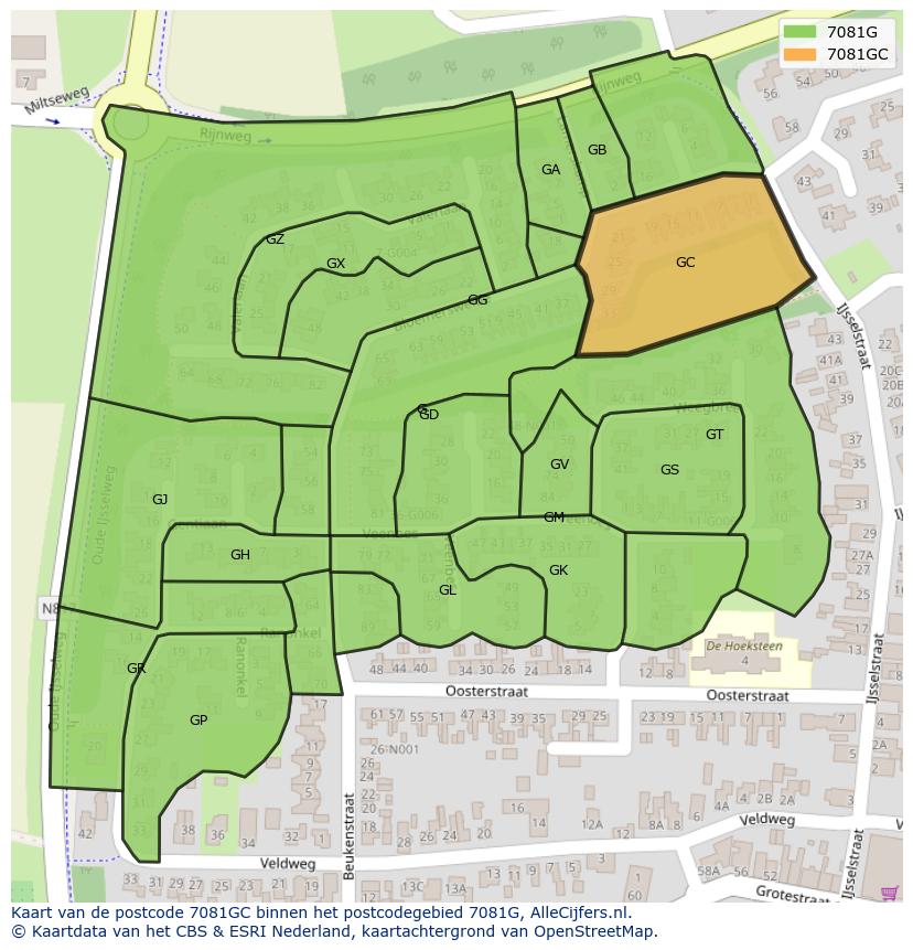 Afbeelding van het postcodegebied 7081 GC op de kaart.