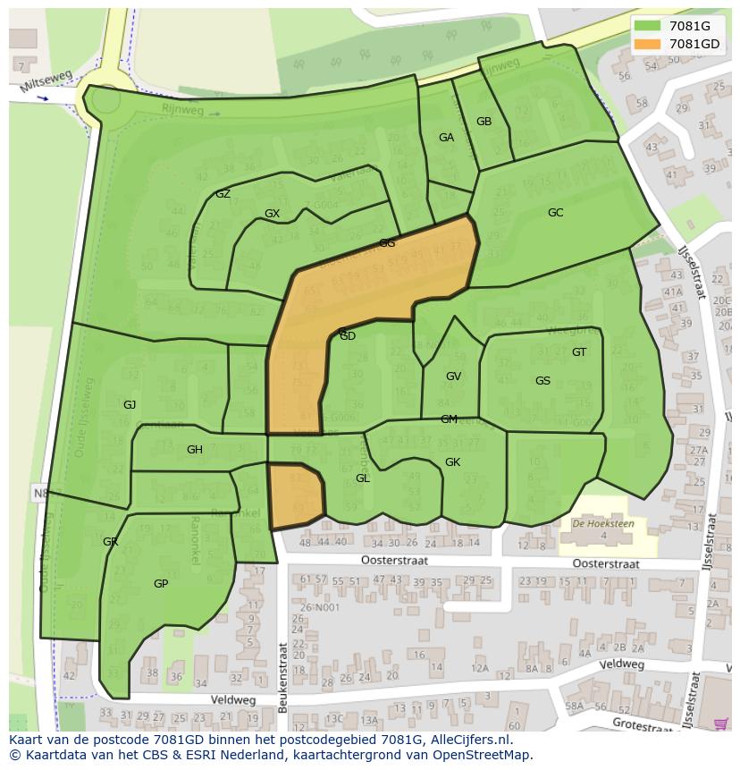 Afbeelding van het postcodegebied 7081 GD op de kaart.