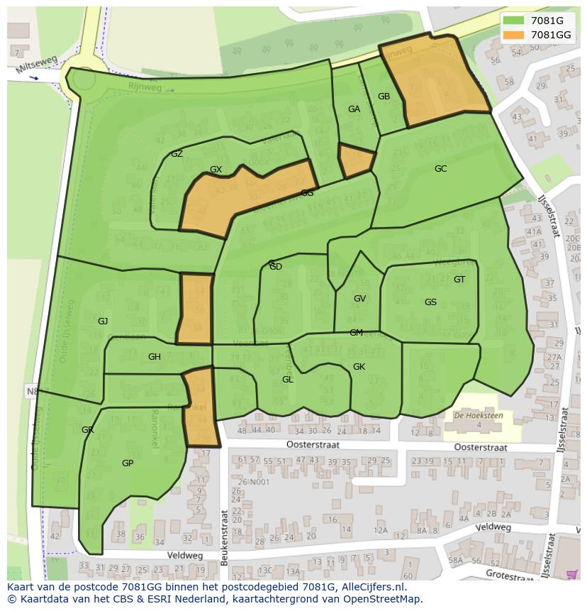 Afbeelding van het postcodegebied 7081 GG op de kaart.