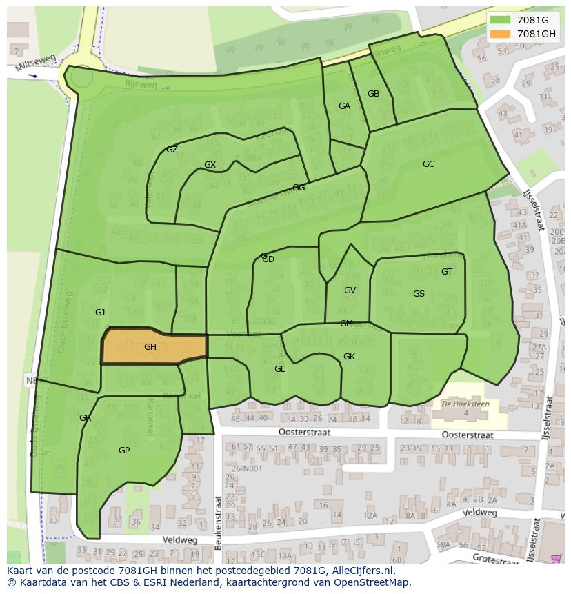 Afbeelding van het postcodegebied 7081 GH op de kaart.