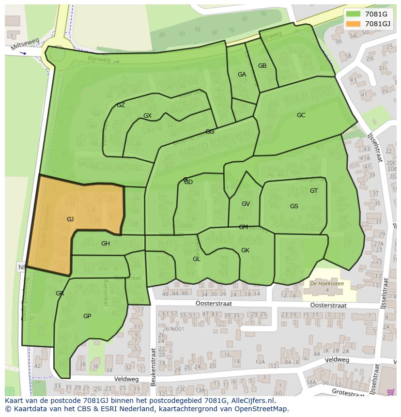 Afbeelding van het postcodegebied 7081 GJ op de kaart.
