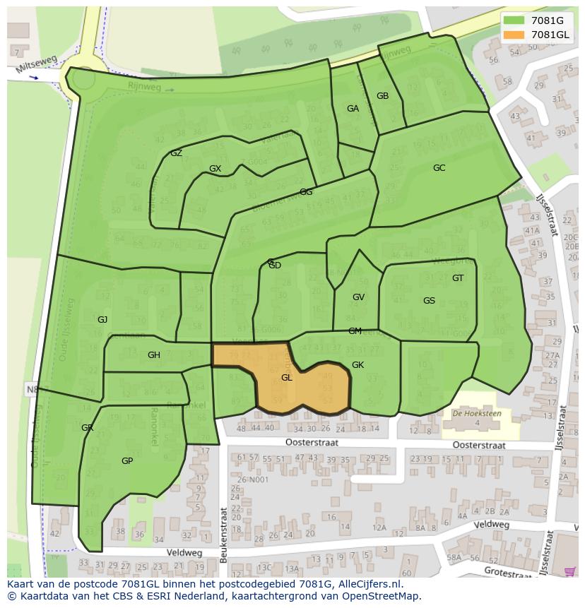 Afbeelding van het postcodegebied 7081 GL op de kaart.