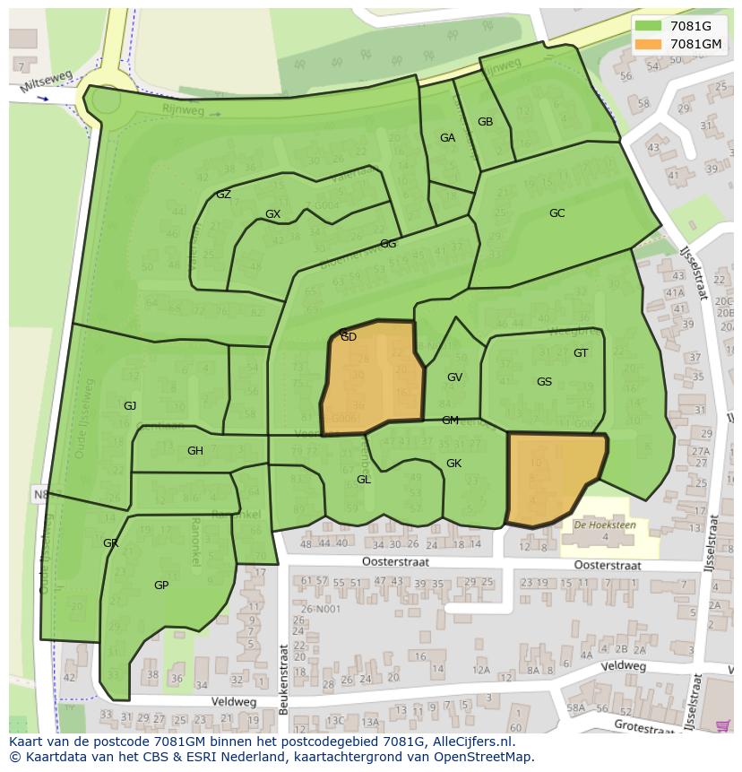 Afbeelding van het postcodegebied 7081 GM op de kaart.