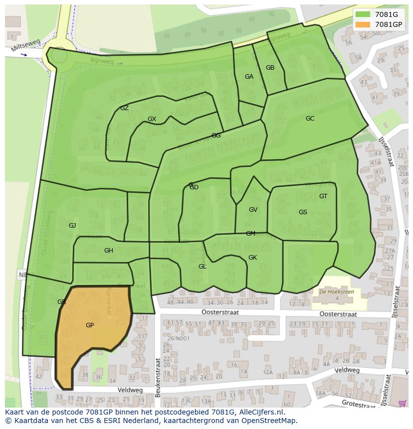 Afbeelding van het postcodegebied 7081 GP op de kaart.