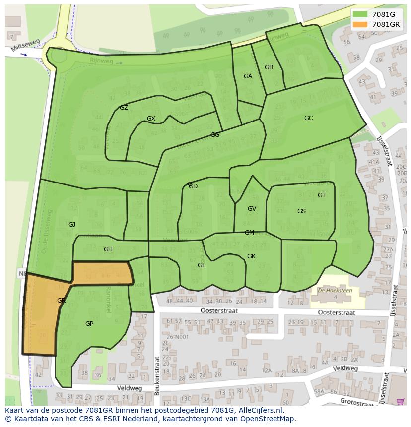 Afbeelding van het postcodegebied 7081 GR op de kaart.