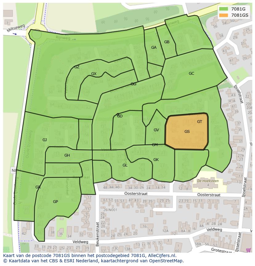 Afbeelding van het postcodegebied 7081 GS op de kaart.