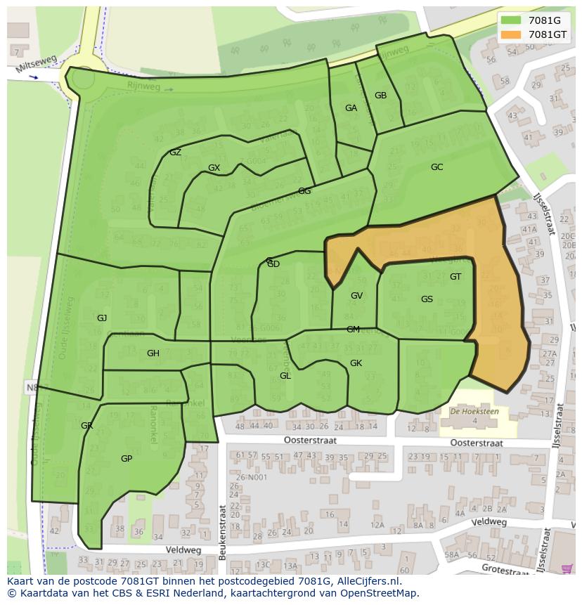 Afbeelding van het postcodegebied 7081 GT op de kaart.