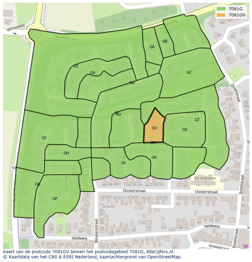 Afbeelding van het postcodegebied 7081 GV op de kaart.