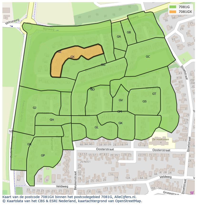 Afbeelding van het postcodegebied 7081 GX op de kaart.