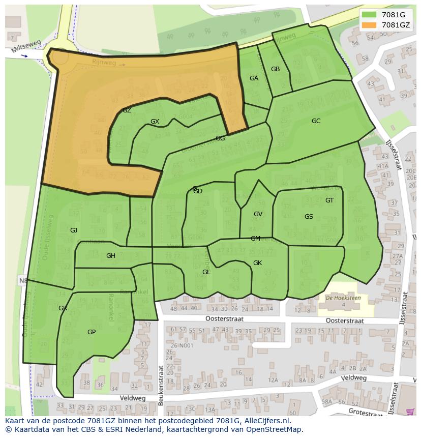 Afbeelding van het postcodegebied 7081 GZ op de kaart.