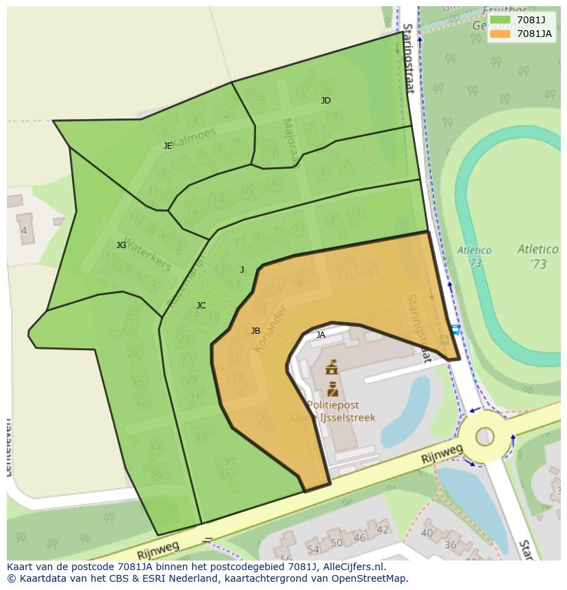 Afbeelding van het postcodegebied 7081 JA op de kaart.