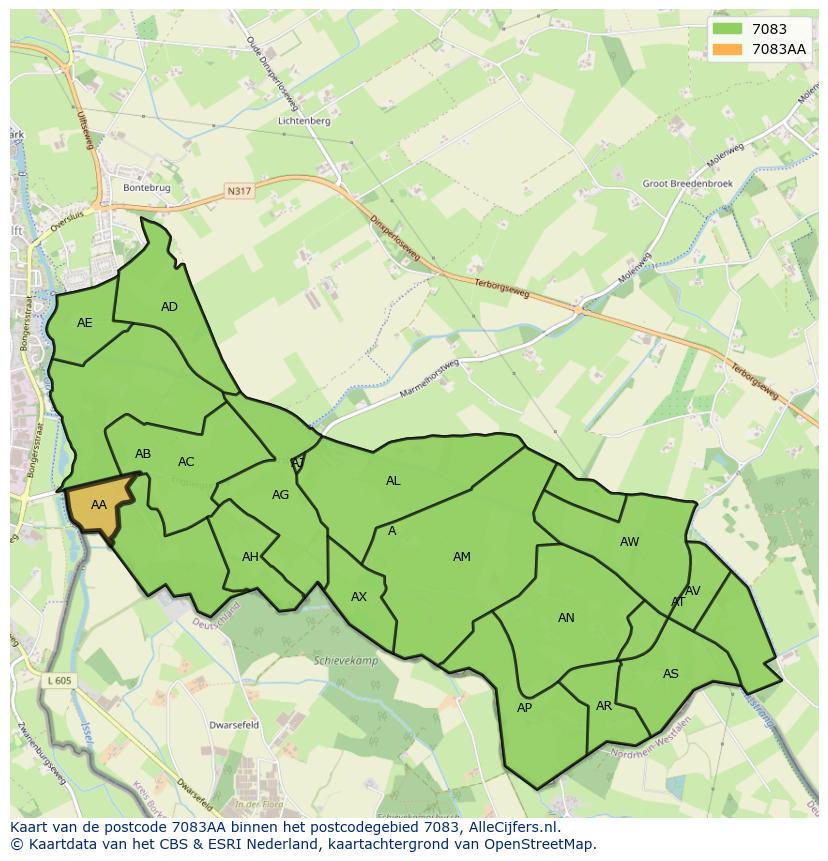 Afbeelding van het postcodegebied 7083 AA op de kaart.