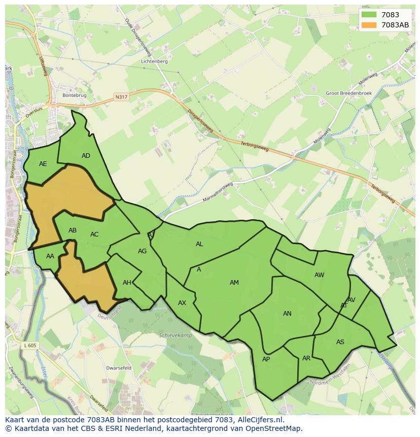 Afbeelding van het postcodegebied 7083 AB op de kaart.