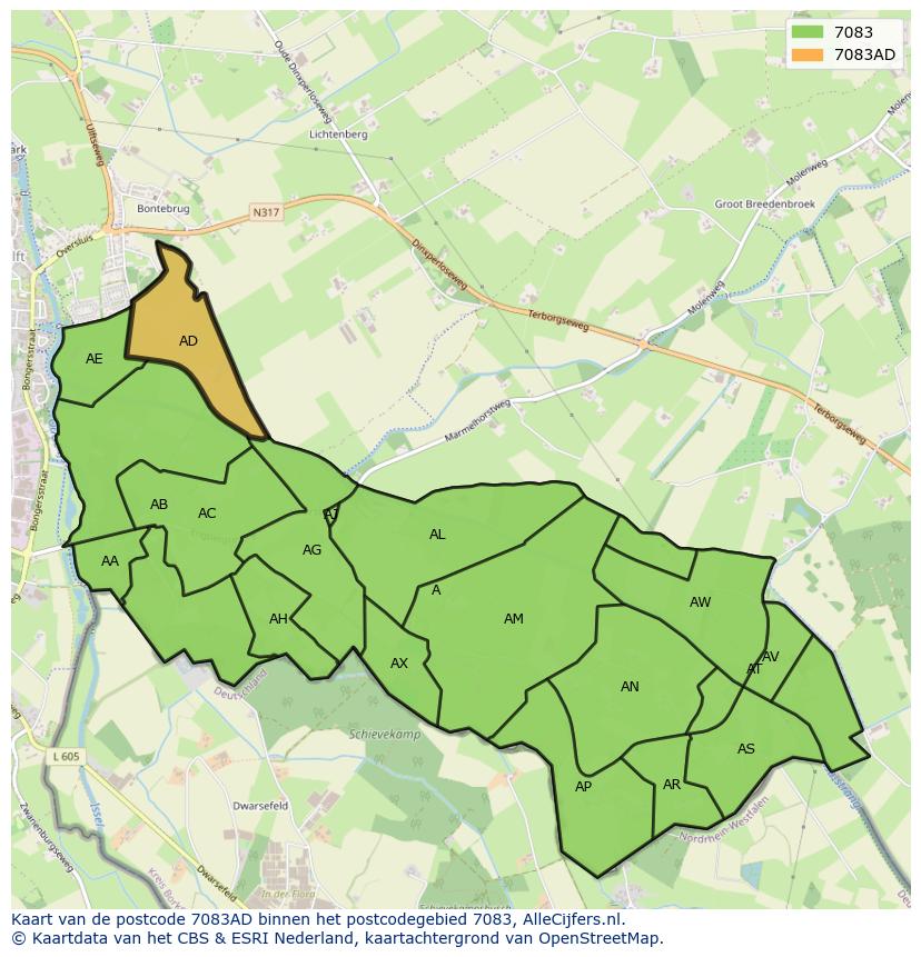 Afbeelding van het postcodegebied 7083 AD op de kaart.