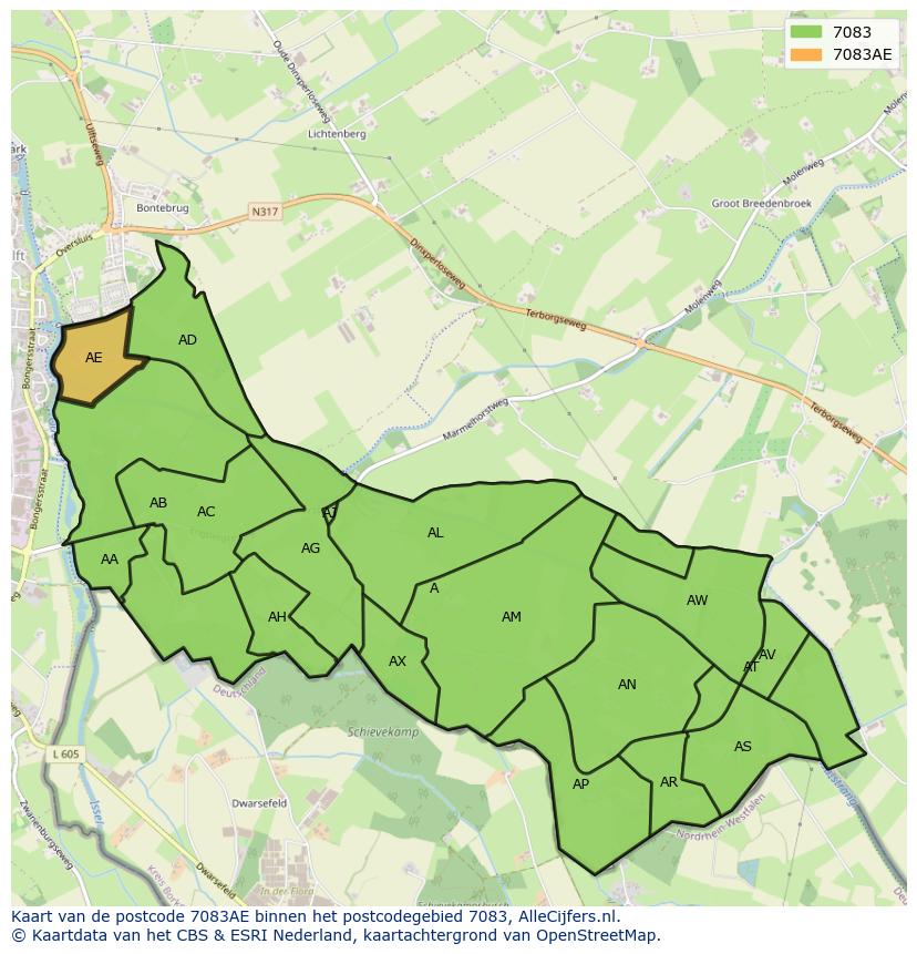 Afbeelding van het postcodegebied 7083 AE op de kaart.