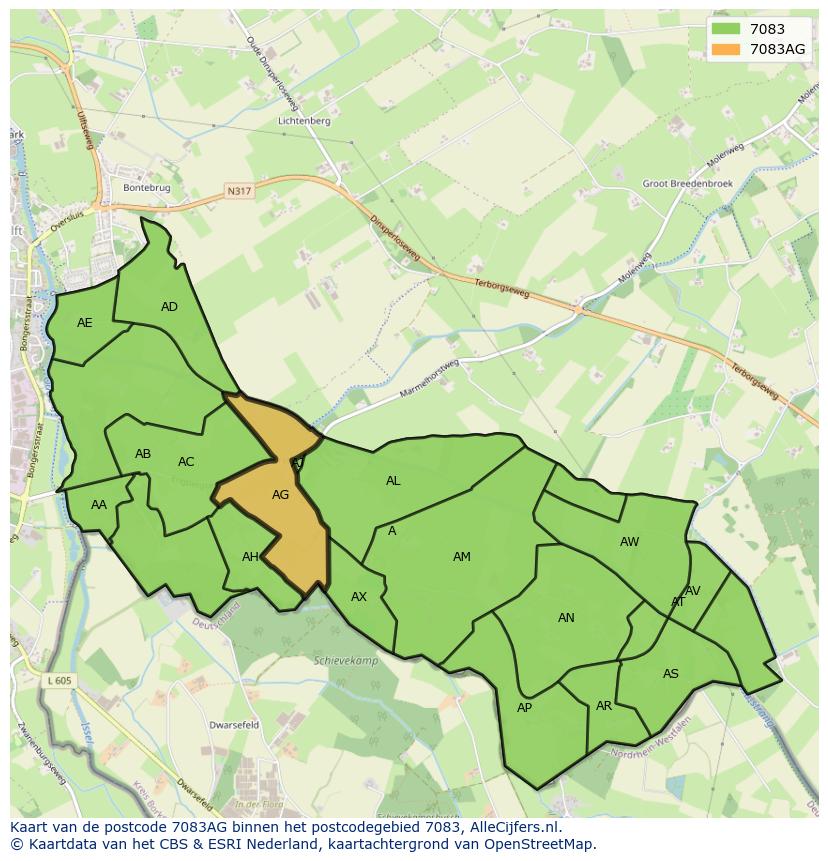 Afbeelding van het postcodegebied 7083 AG op de kaart.