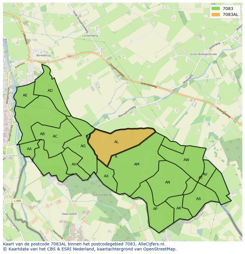 Afbeelding van het postcodegebied 7083 AL op de kaart.