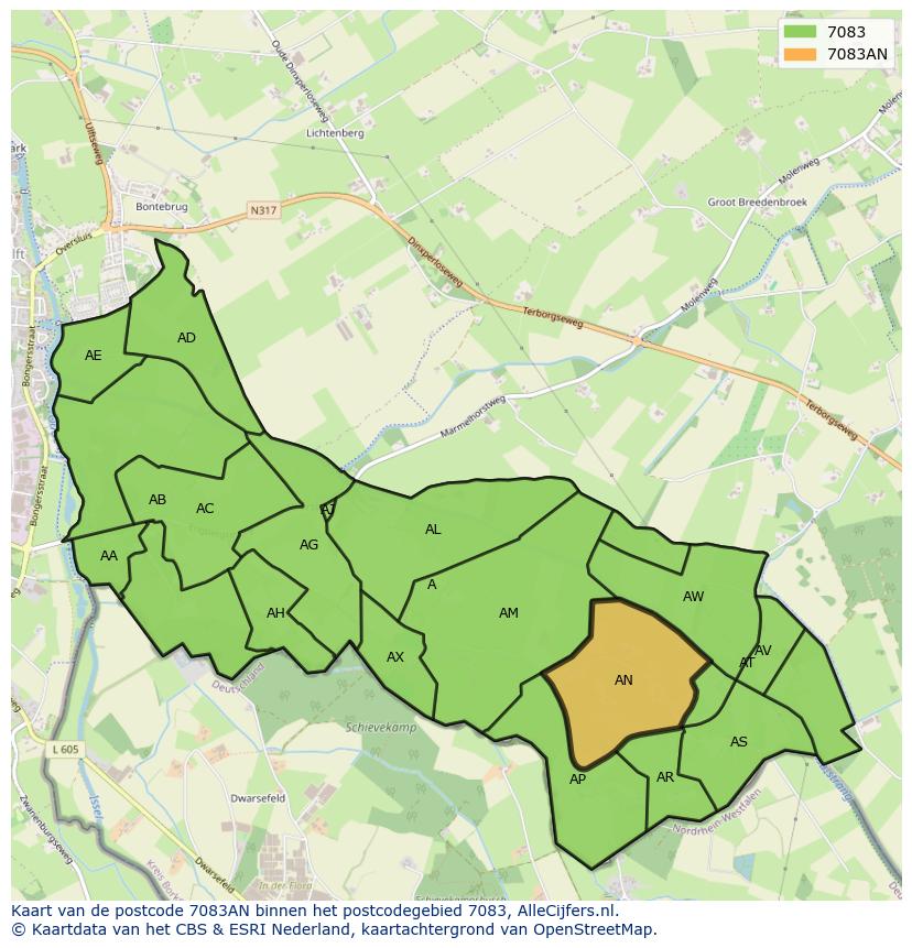 Afbeelding van het postcodegebied 7083 AN op de kaart.
