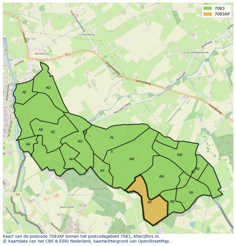 Afbeelding van het postcodegebied 7083 AP op de kaart.