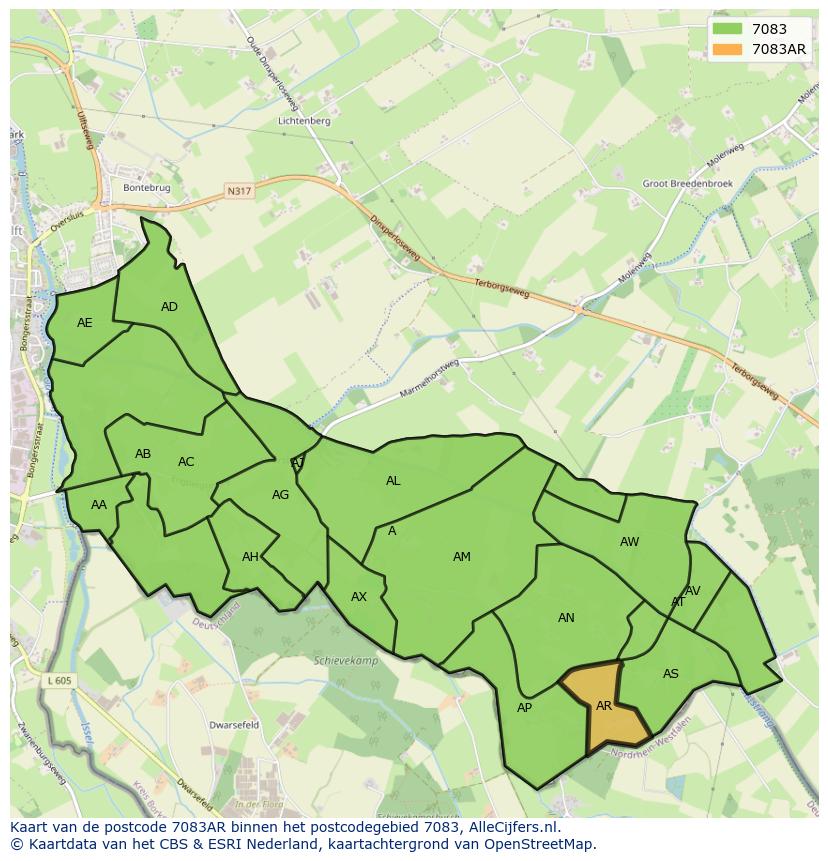 Afbeelding van het postcodegebied 7083 AR op de kaart.