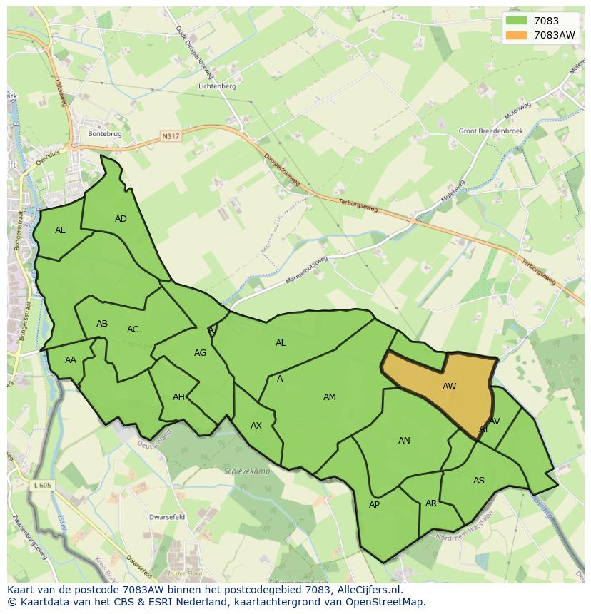 Afbeelding van het postcodegebied 7083 AW op de kaart.