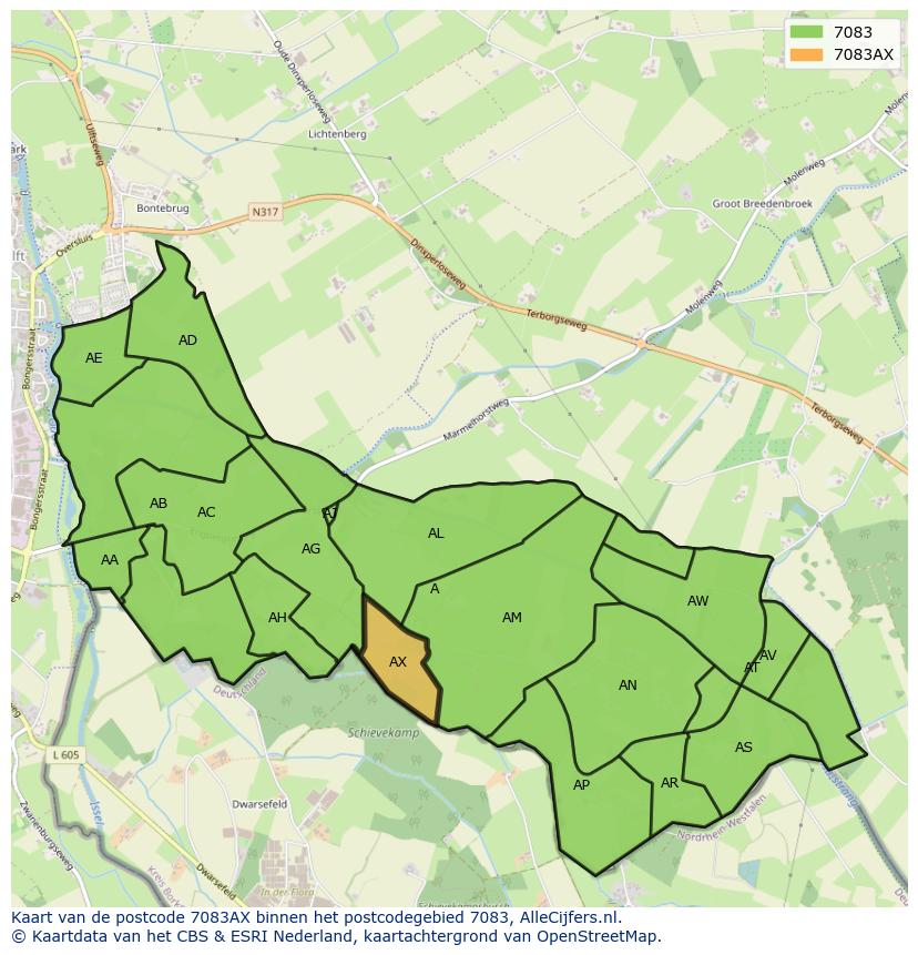 Afbeelding van het postcodegebied 7083 AX op de kaart.