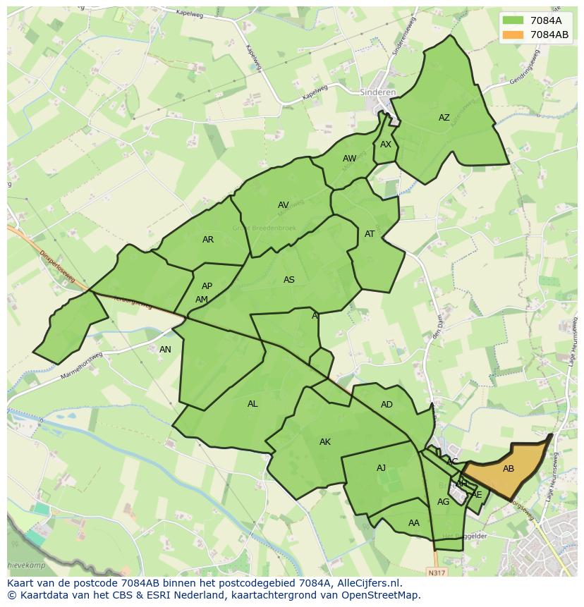 Afbeelding van het postcodegebied 7084 AB op de kaart.