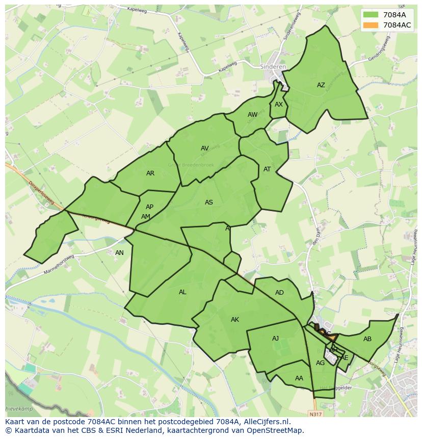 Afbeelding van het postcodegebied 7084 AC op de kaart.