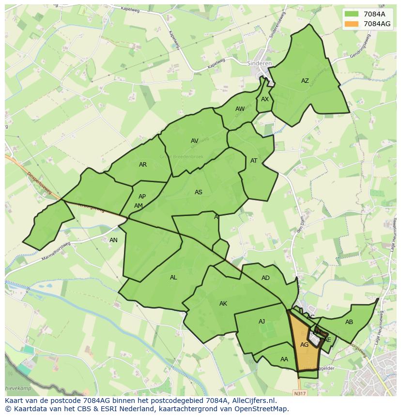 Afbeelding van het postcodegebied 7084 AG op de kaart.
