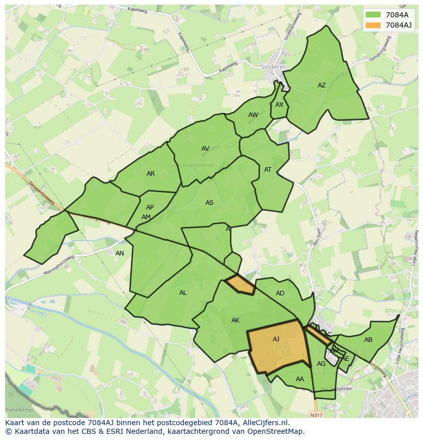 Afbeelding van het postcodegebied 7084 AJ op de kaart.