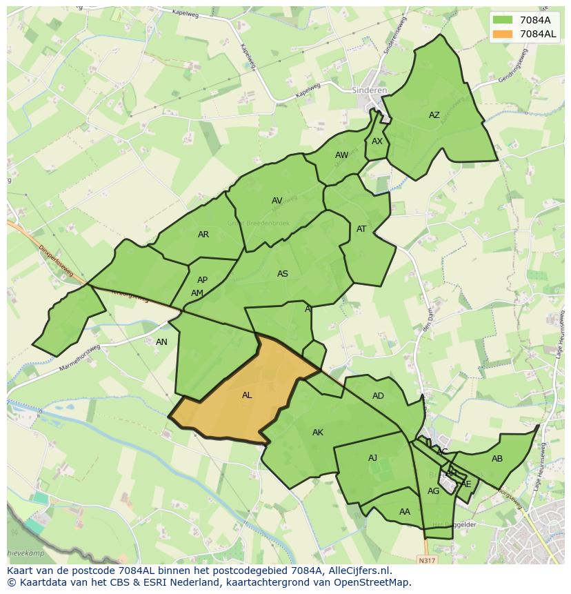 Afbeelding van het postcodegebied 7084 AL op de kaart.