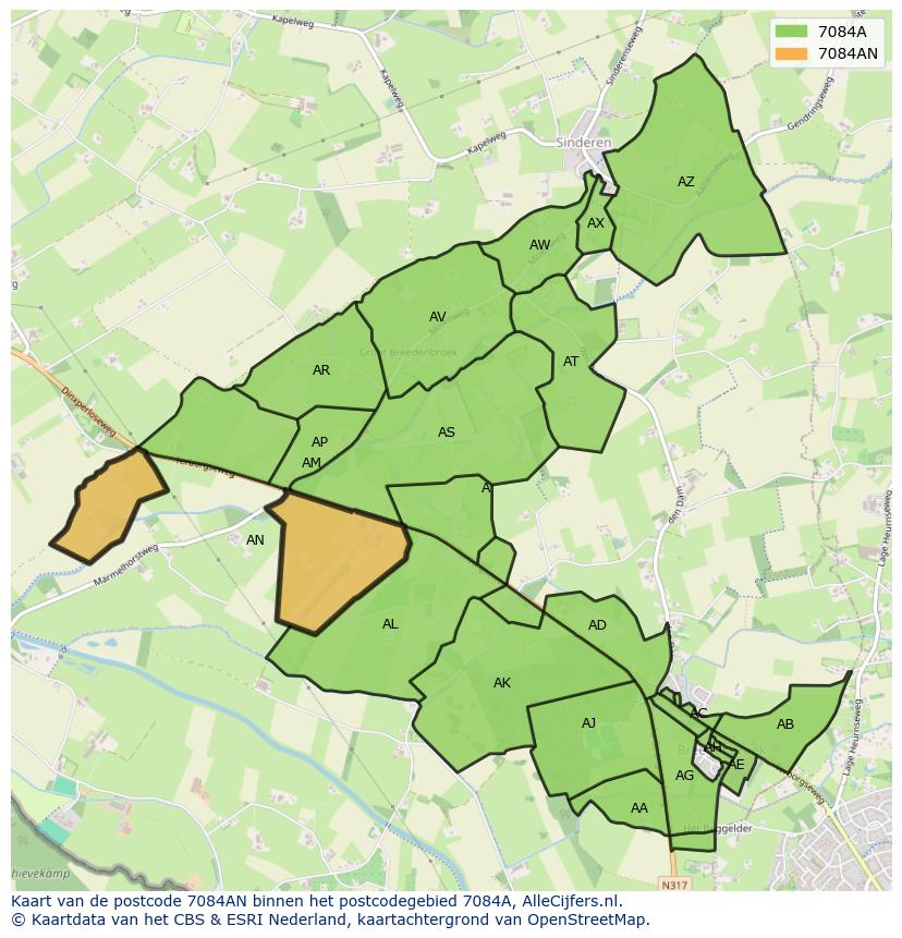 Afbeelding van het postcodegebied 7084 AN op de kaart.