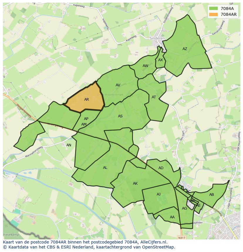 Afbeelding van het postcodegebied 7084 AR op de kaart.