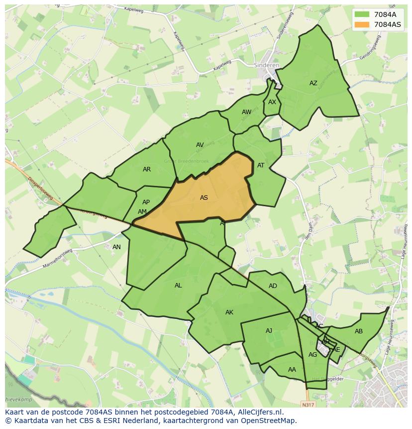 Afbeelding van het postcodegebied 7084 AS op de kaart.