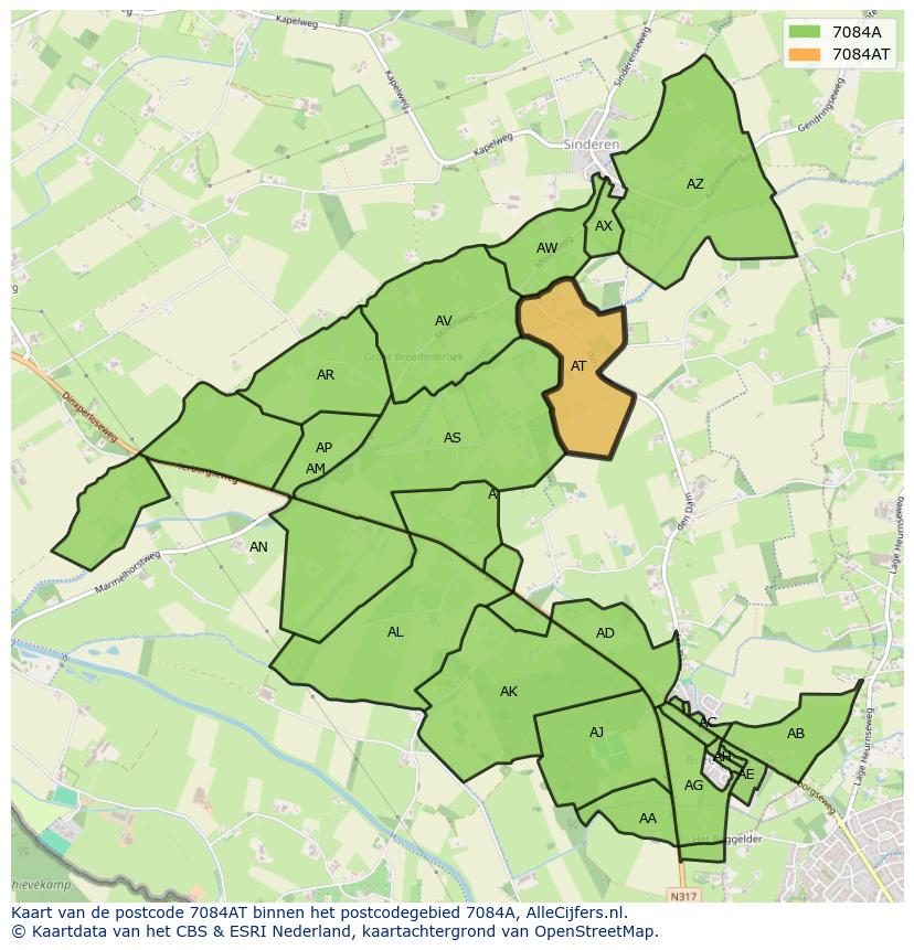 Afbeelding van het postcodegebied 7084 AT op de kaart.