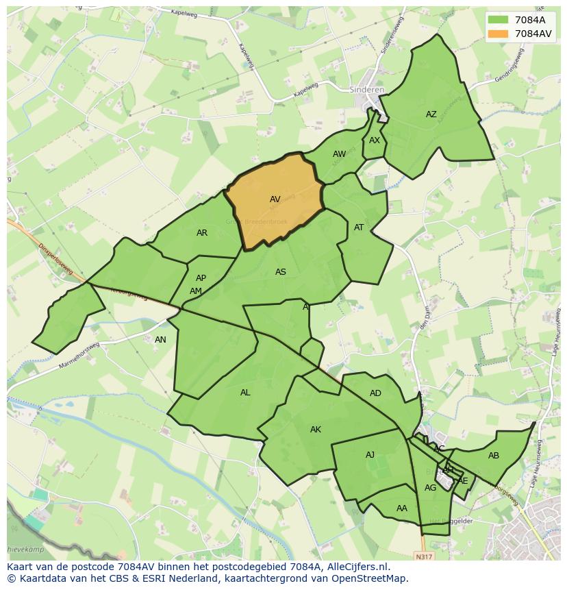 Afbeelding van het postcodegebied 7084 AV op de kaart.