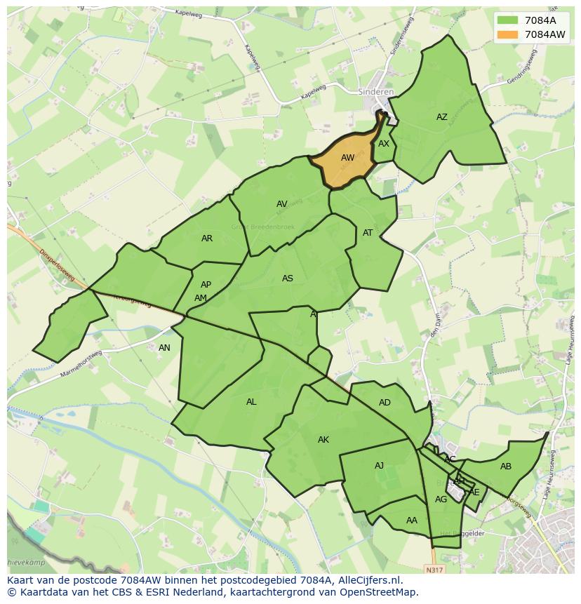 Afbeelding van het postcodegebied 7084 AW op de kaart.