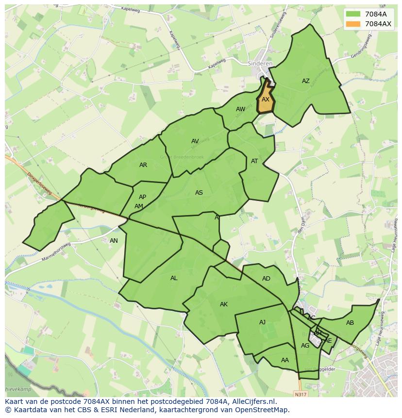 Afbeelding van het postcodegebied 7084 AX op de kaart.