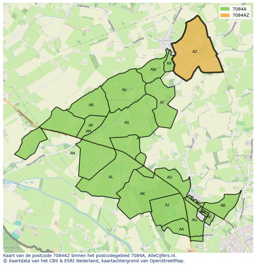Afbeelding van het postcodegebied 7084 AZ op de kaart.