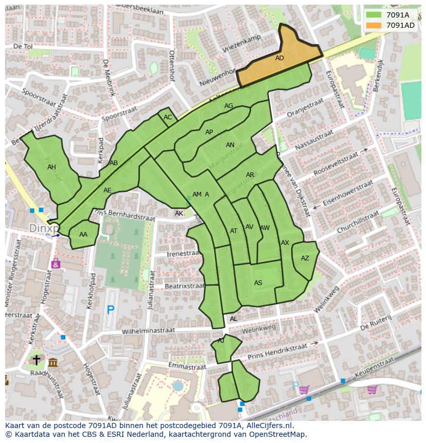 Afbeelding van het postcodegebied 7091 AD op de kaart.