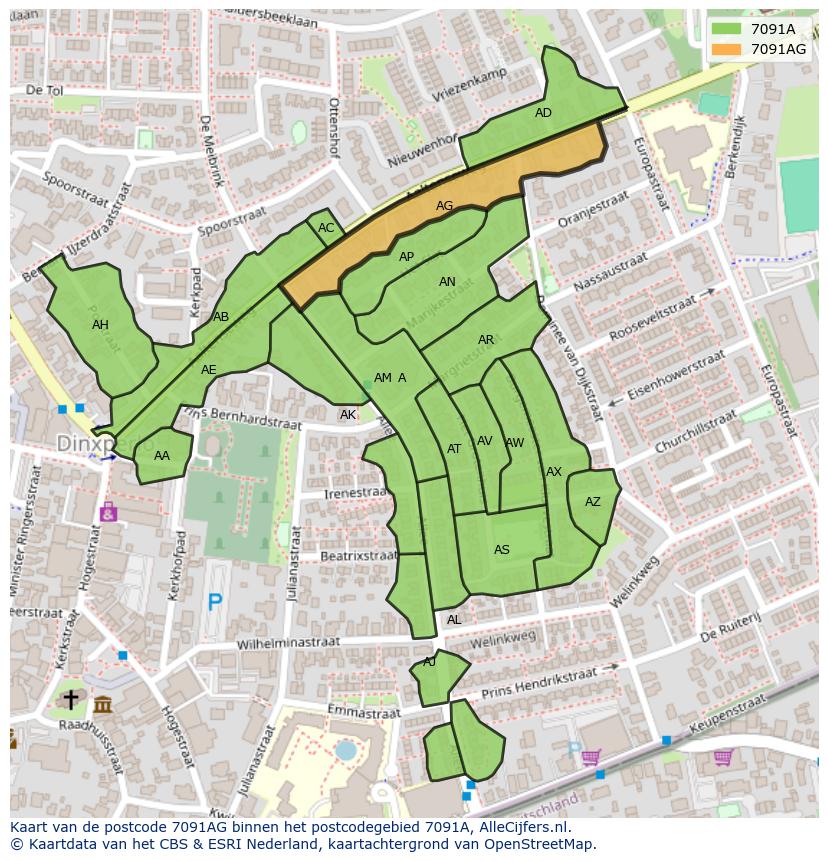 Afbeelding van het postcodegebied 7091 AG op de kaart.