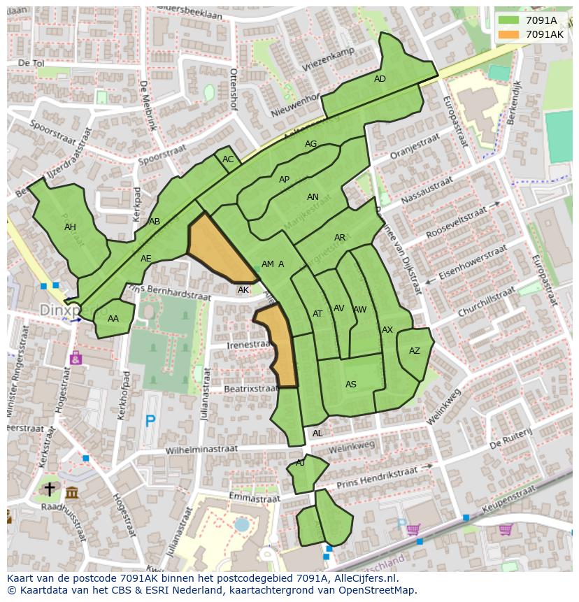 Afbeelding van het postcodegebied 7091 AK op de kaart.