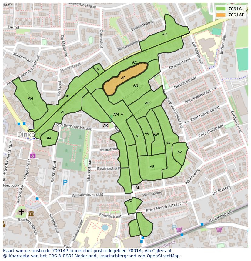 Afbeelding van het postcodegebied 7091 AP op de kaart.