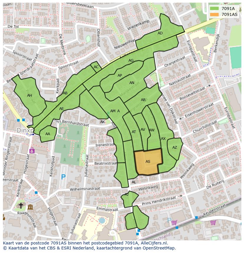 Afbeelding van het postcodegebied 7091 AS op de kaart.