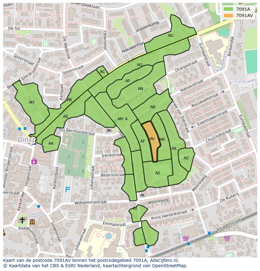 Afbeelding van het postcodegebied 7091 AV op de kaart.