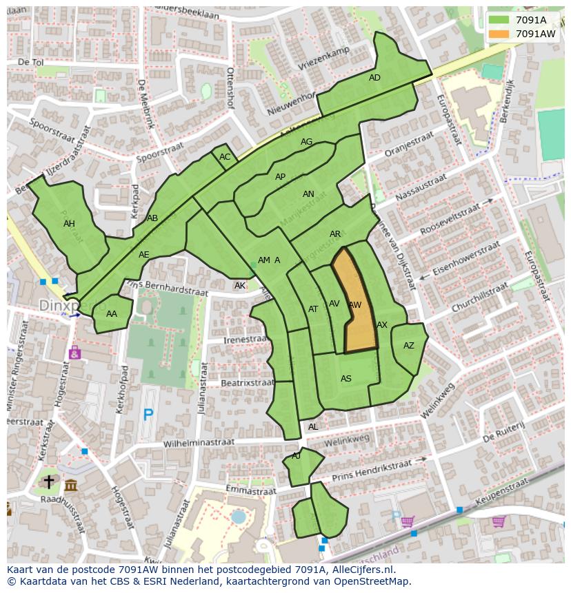 Afbeelding van het postcodegebied 7091 AW op de kaart.