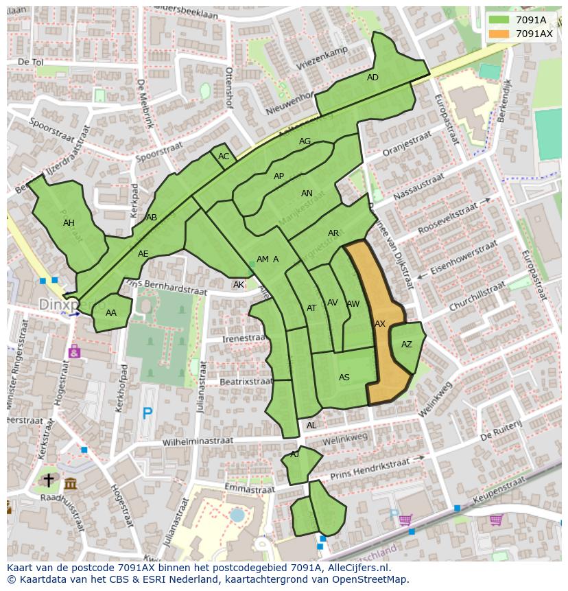 Afbeelding van het postcodegebied 7091 AX op de kaart.