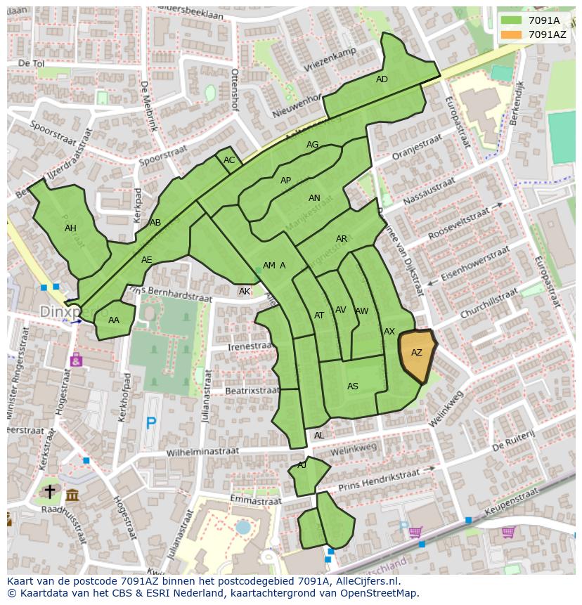 Afbeelding van het postcodegebied 7091 AZ op de kaart.